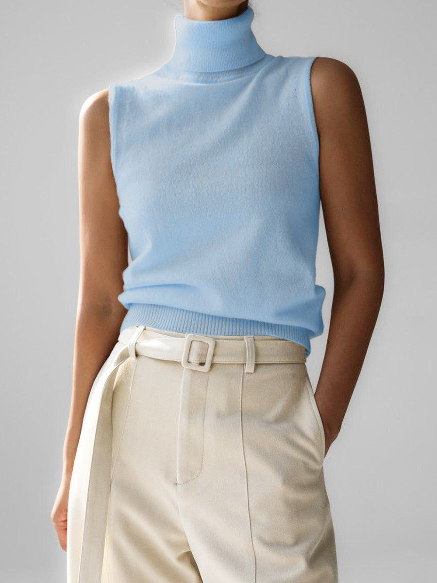 Soft Knit Turtleneck Sleeveless Top with Ribbed Hem