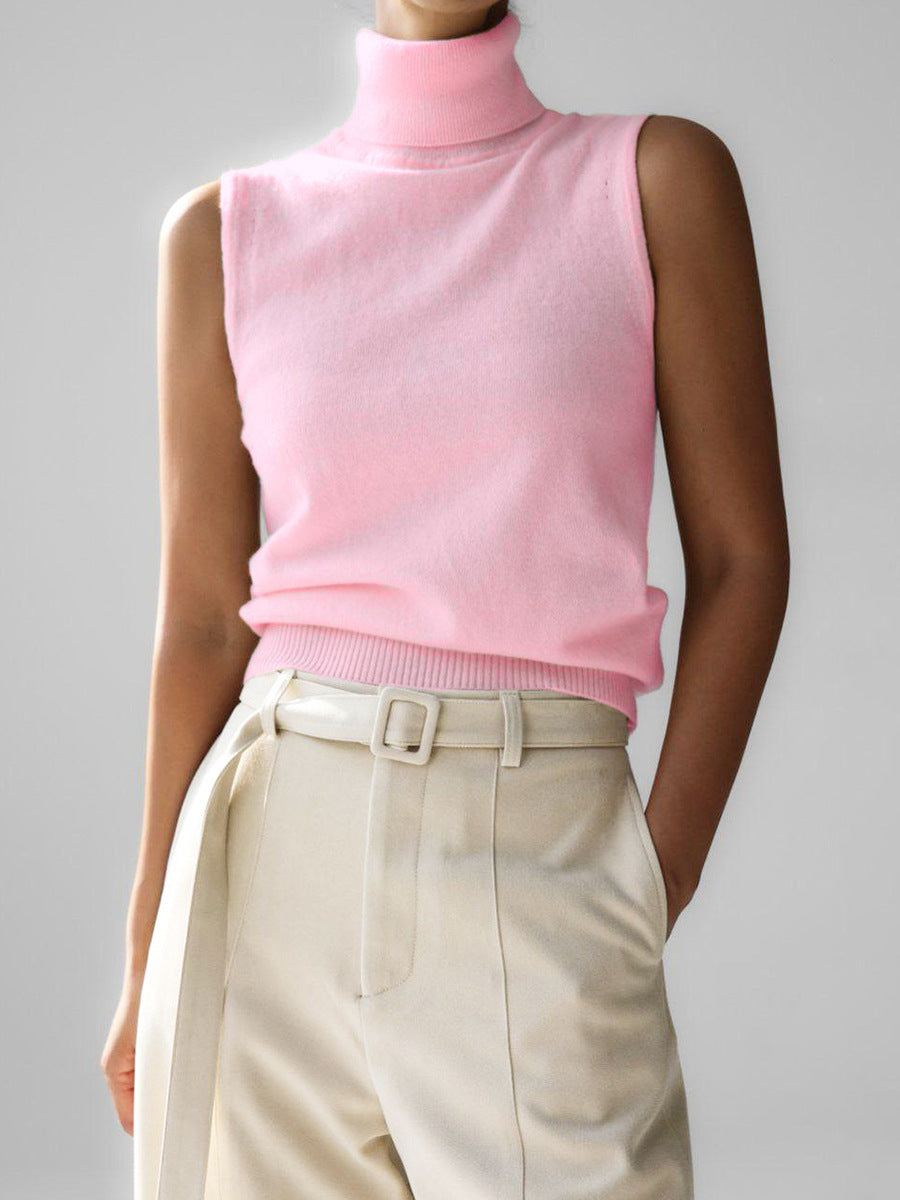 Soft Knit Turtleneck Sleeveless Top with Ribbed Hem