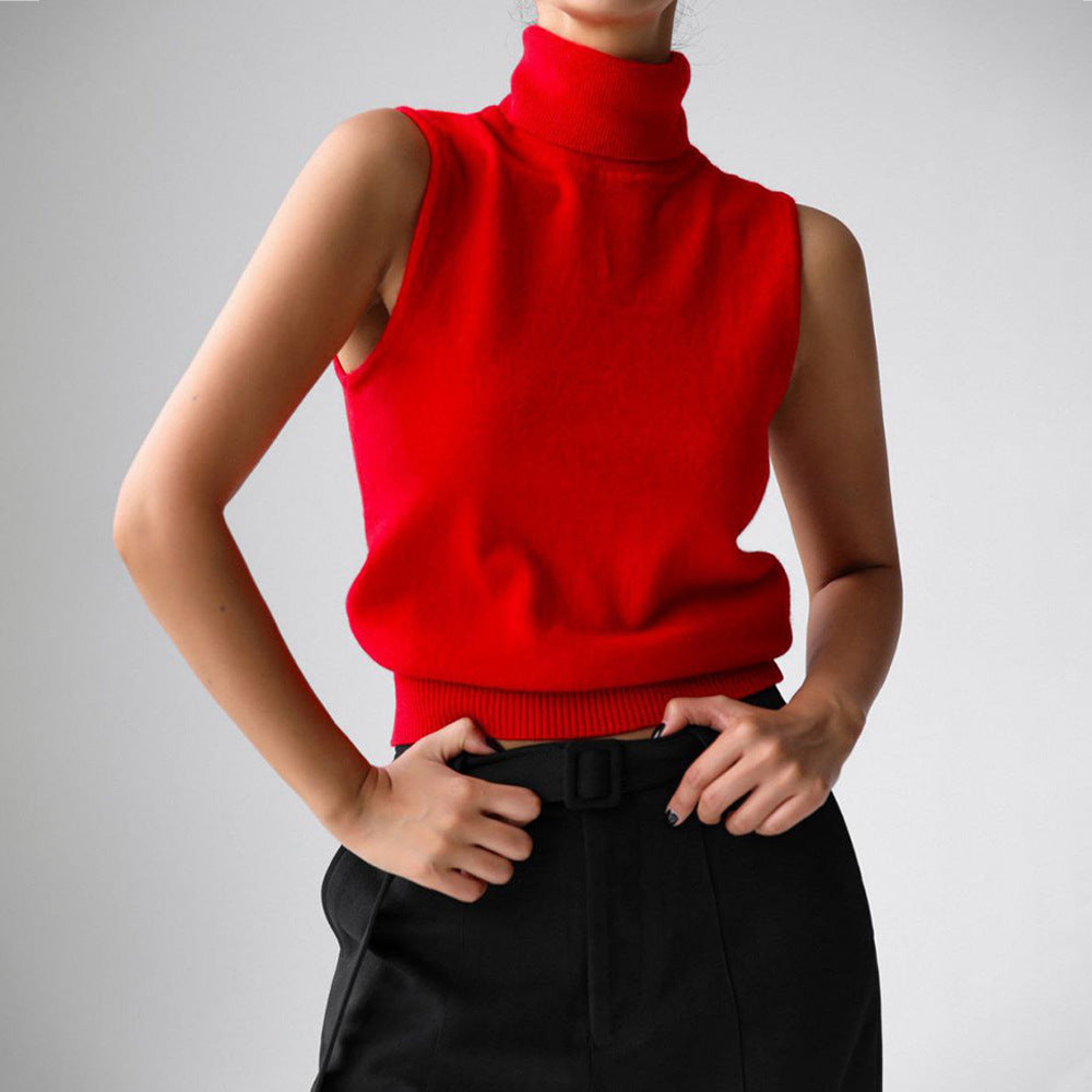 Soft Knit Turtleneck Sleeveless Top with Ribbed Hem
