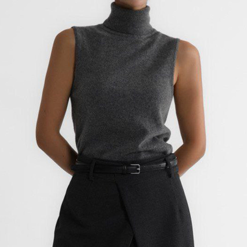 Soft Knit Turtleneck Sleeveless Top with Ribbed Hem
