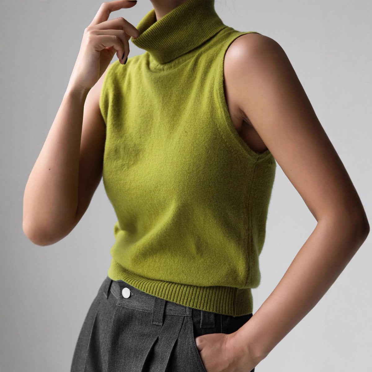 Soft Knit Turtleneck Sleeveless Top with Ribbed Hem