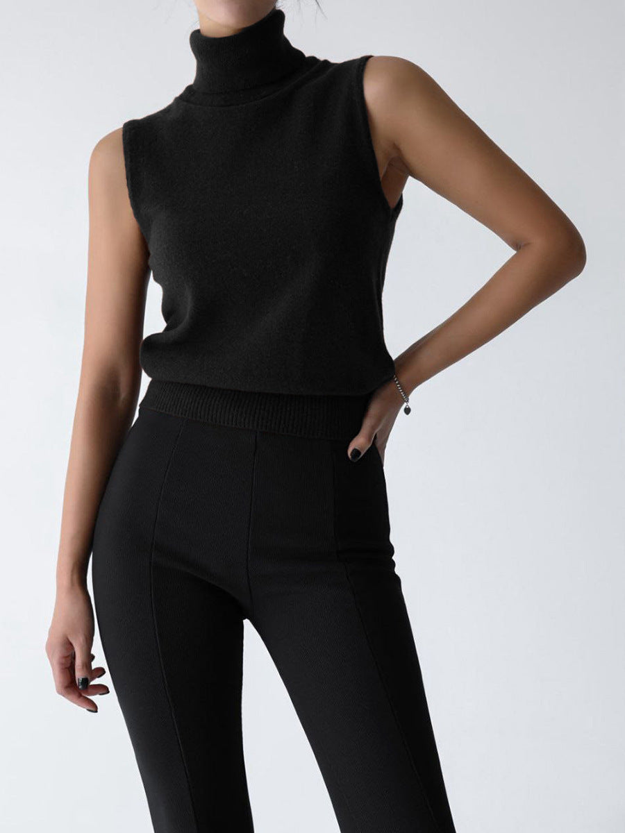 Soft Knit Turtleneck Sleeveless Top with Ribbed Hem