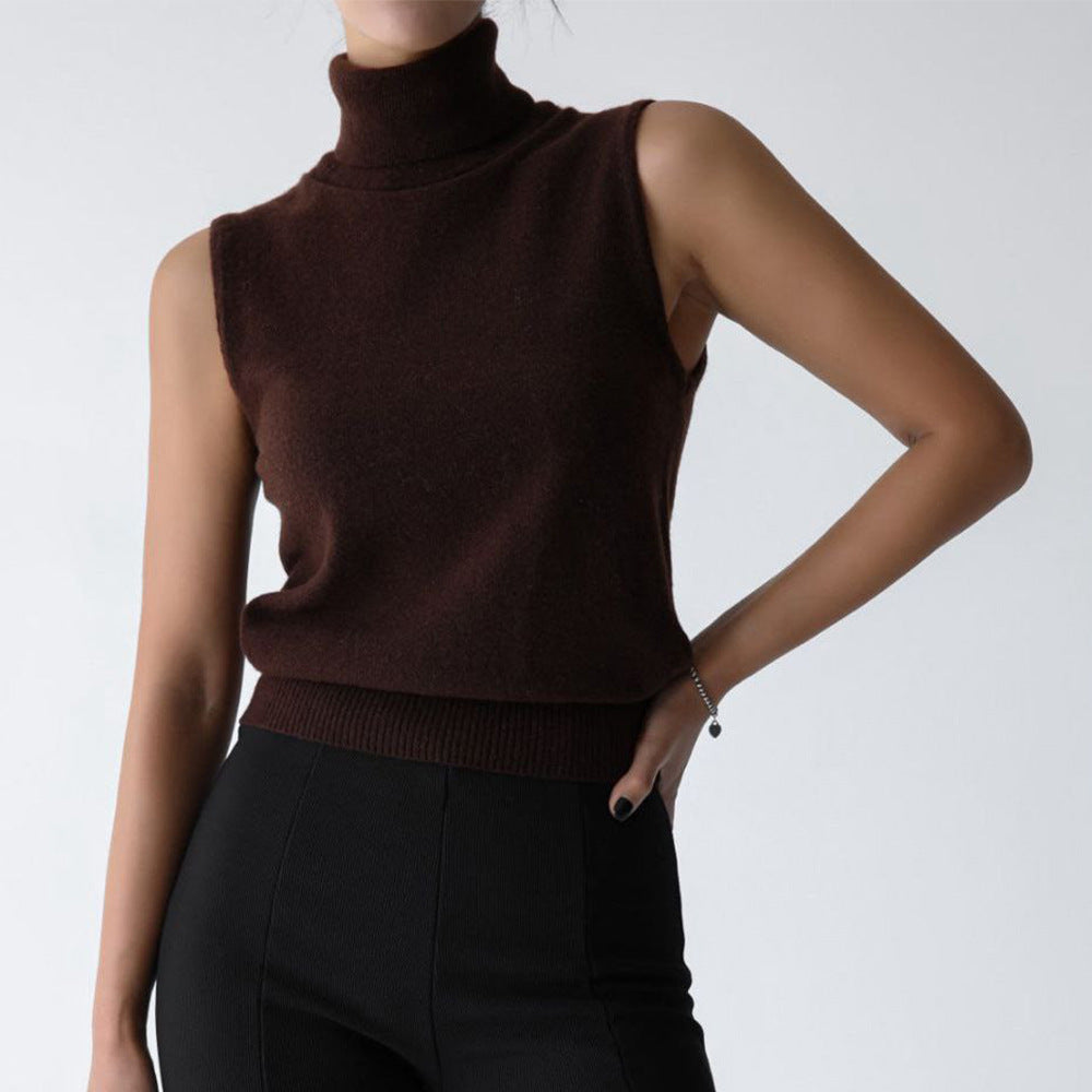 Soft Knit Turtleneck Sleeveless Top with Ribbed Hem