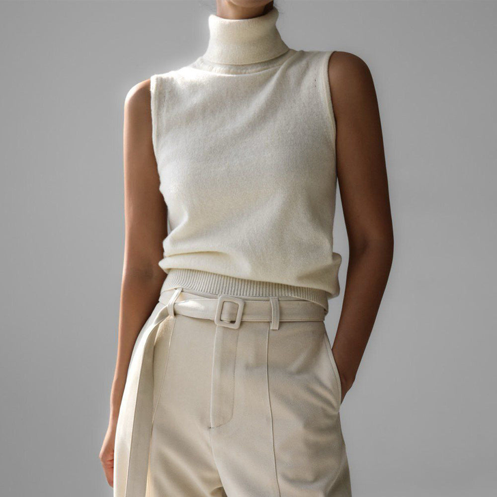 Soft Knit Turtleneck Sleeveless Top with Ribbed Hem
