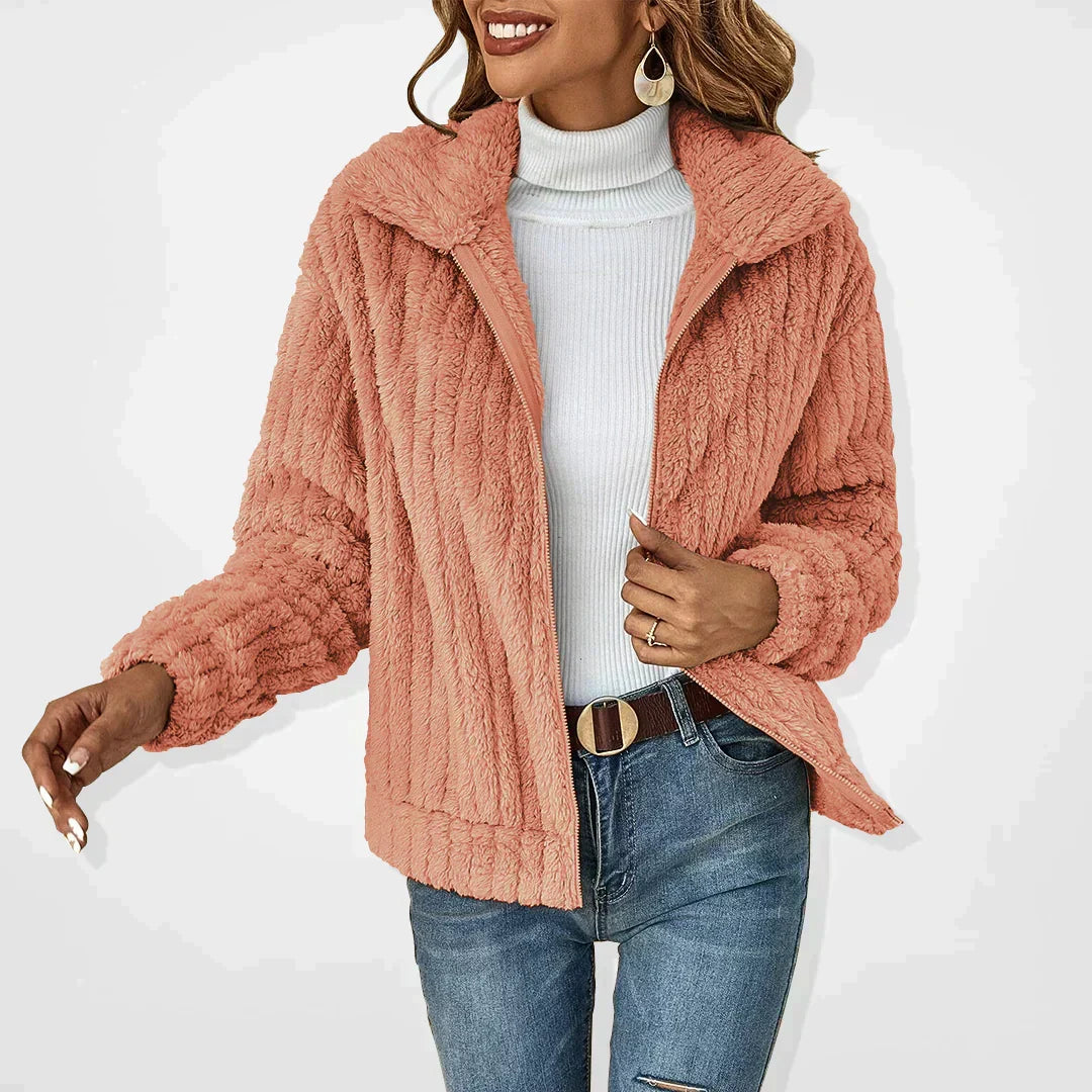 Soft Teddy Fleece Jacket with Zip Front and Collar