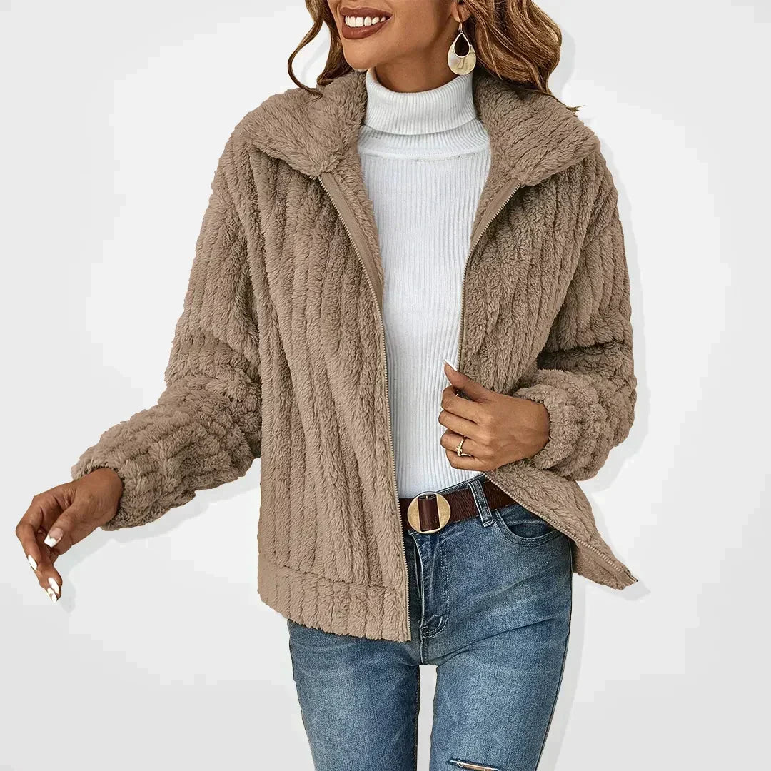 Soft Teddy Fleece Jacket with Zip Front and Collar