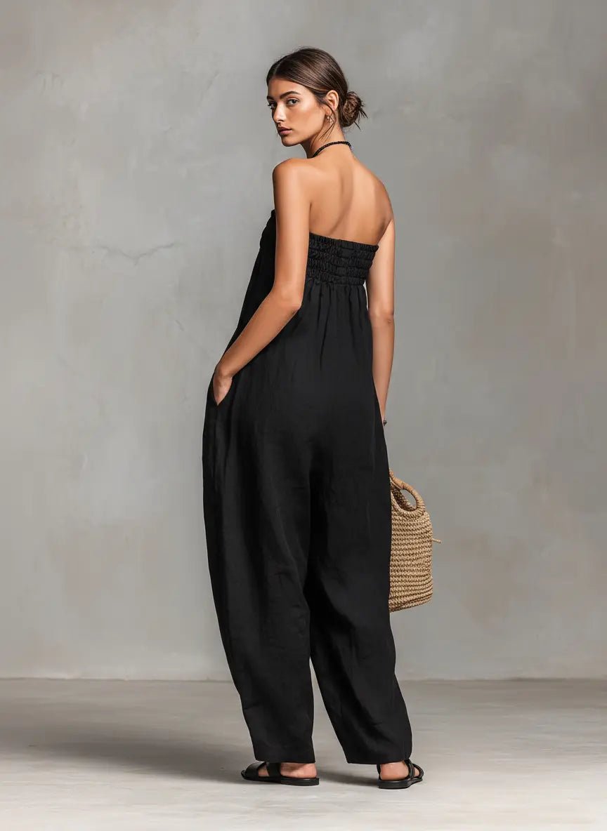 Strapless Jumpsuit with Smocked Bodice and Wide Leg