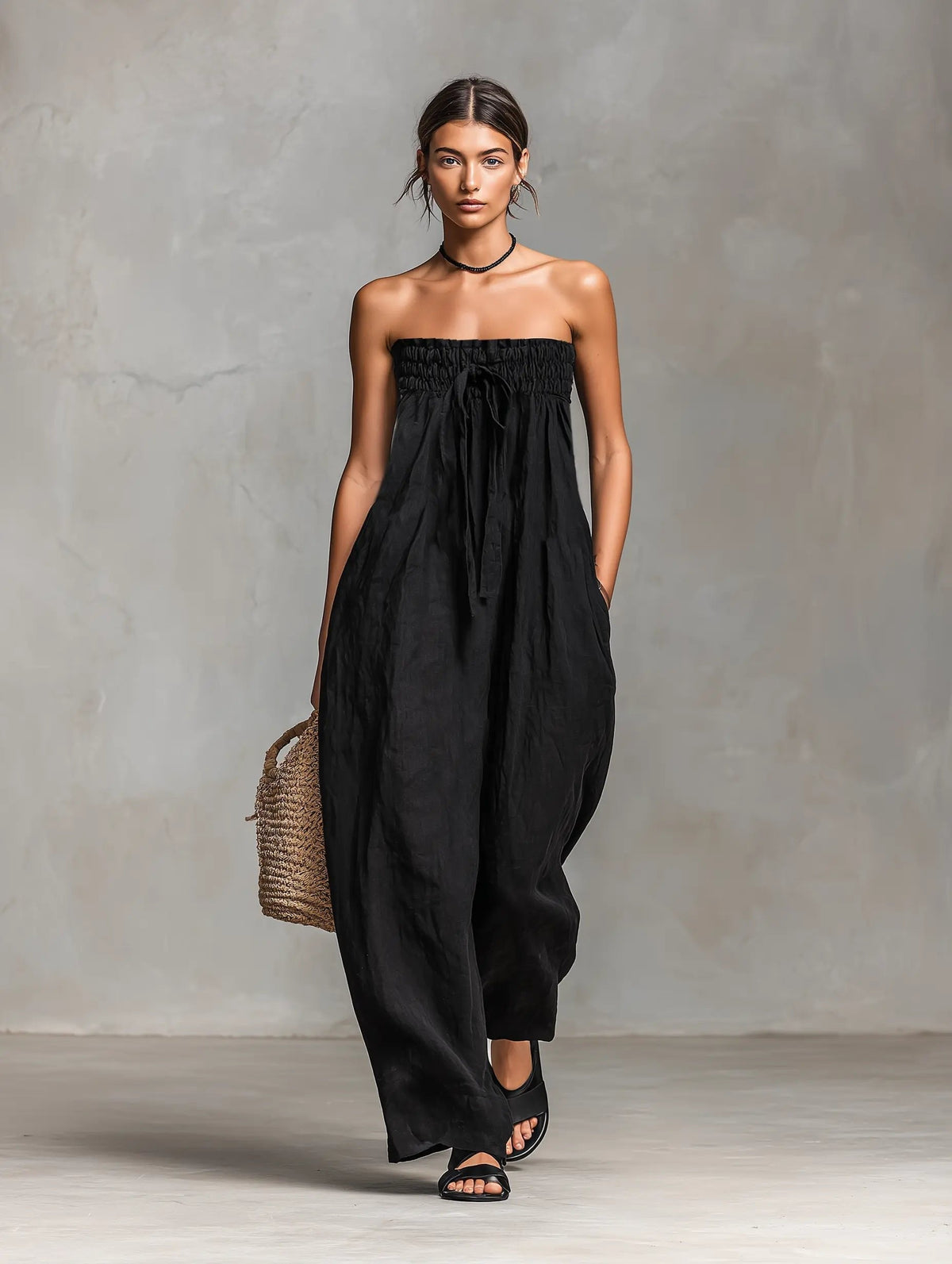 Strapless Jumpsuit with Smocked Bodice and Wide Leg