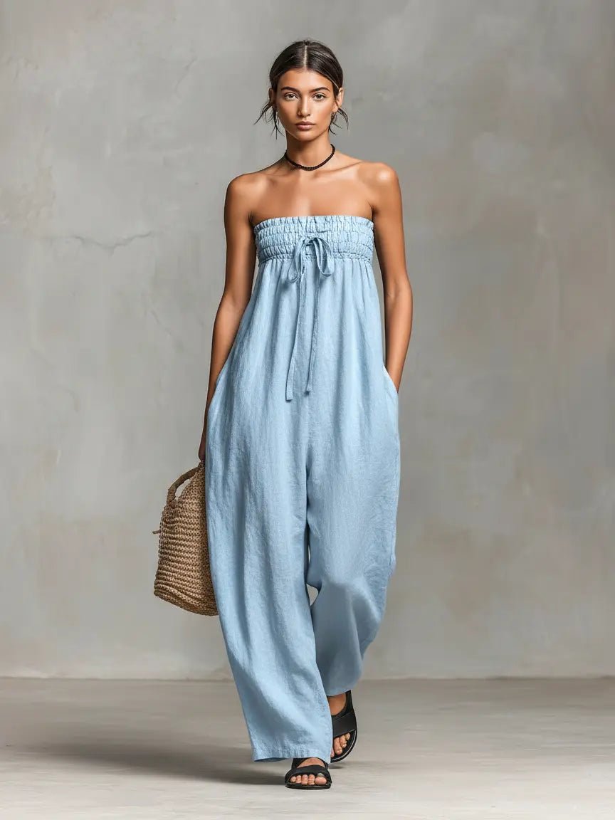 Strapless Jumpsuit with Smocked Bodice and Wide Leg