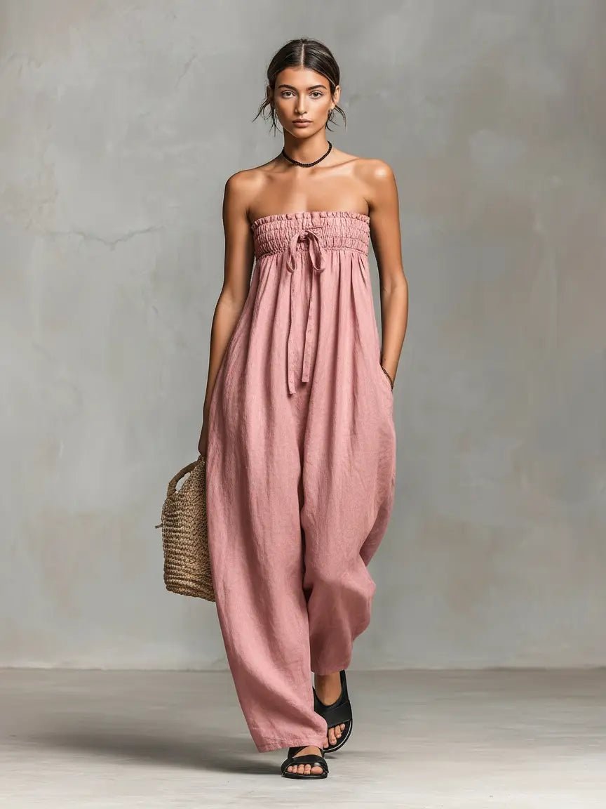 Strapless Jumpsuit with Smocked Bodice and Wide Leg