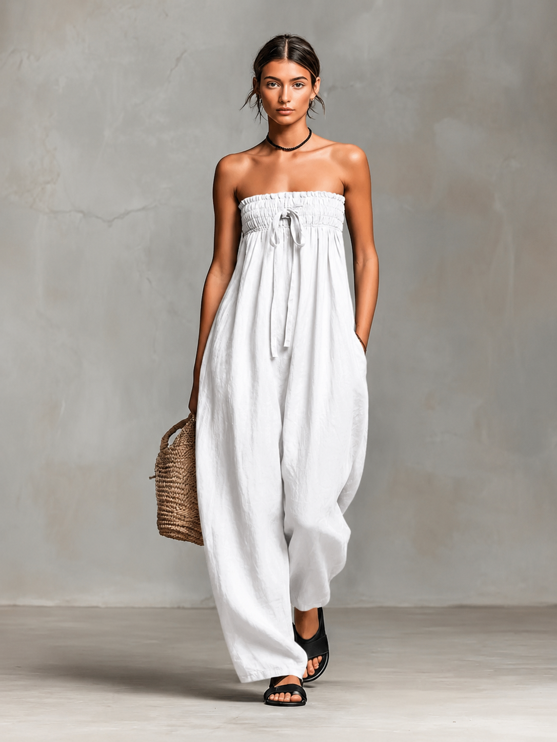 Strapless Jumpsuit with Smocked Bodice and Wide Leg