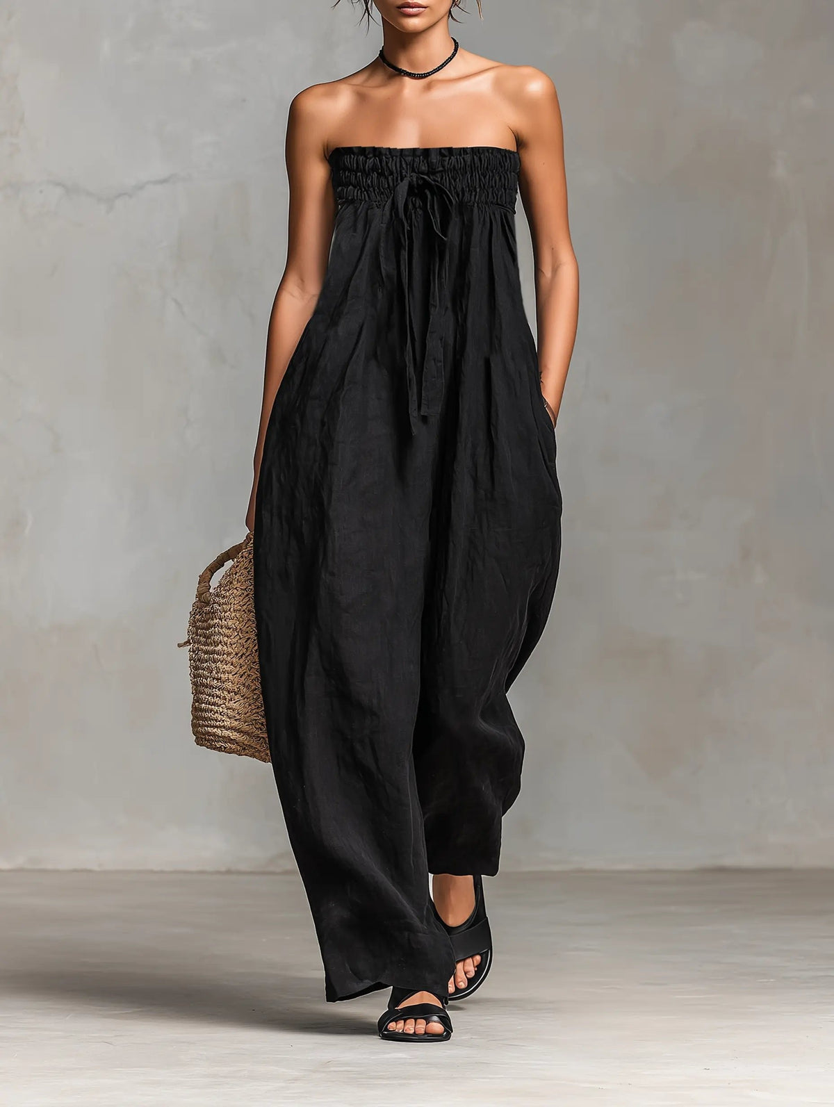 Strapless Jumpsuit with Smocked Bodice and Wide Leg
