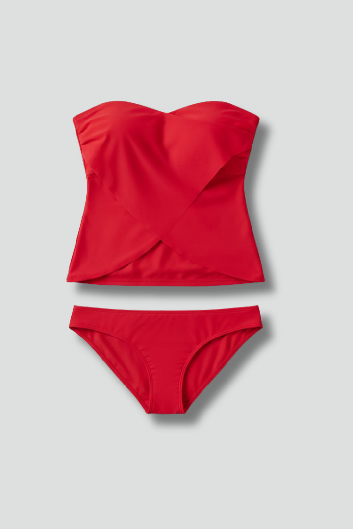 Strapless Tankini Set with Crossover Front and Bikini Bottoms