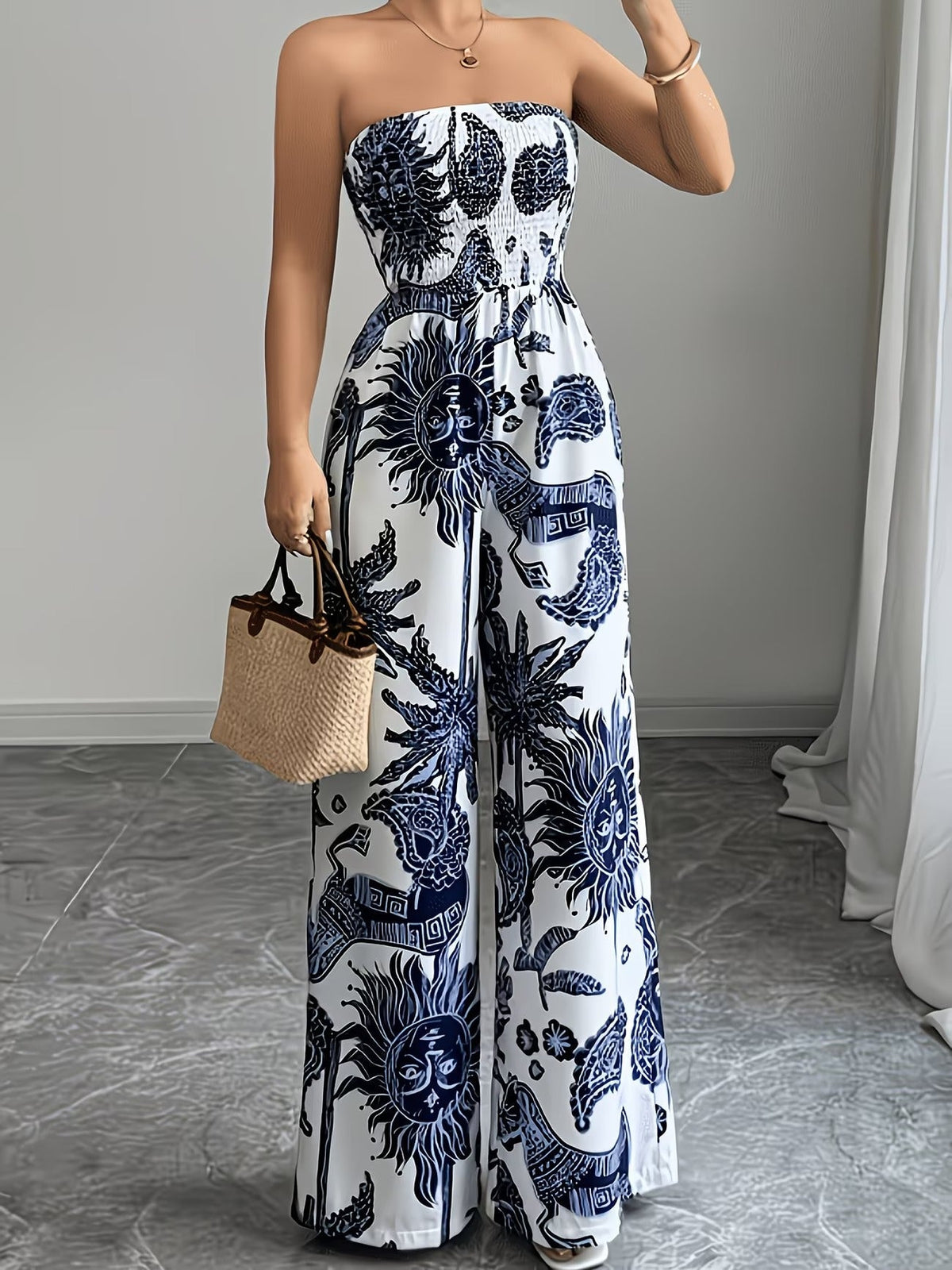 Strapless Wide Leg Jumpsuit with Celestial Print and Smocked Bodice
