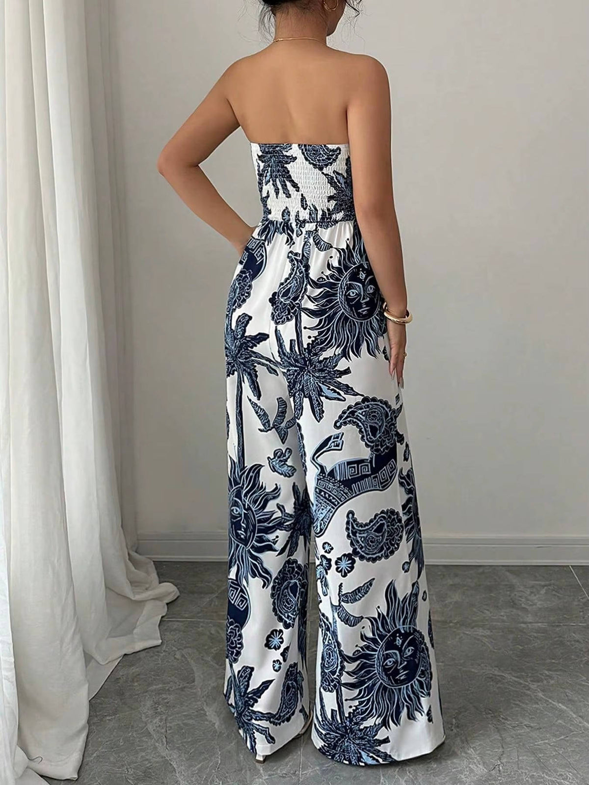 Strapless Wide Leg Jumpsuit with Celestial Print and Smocked Bodice