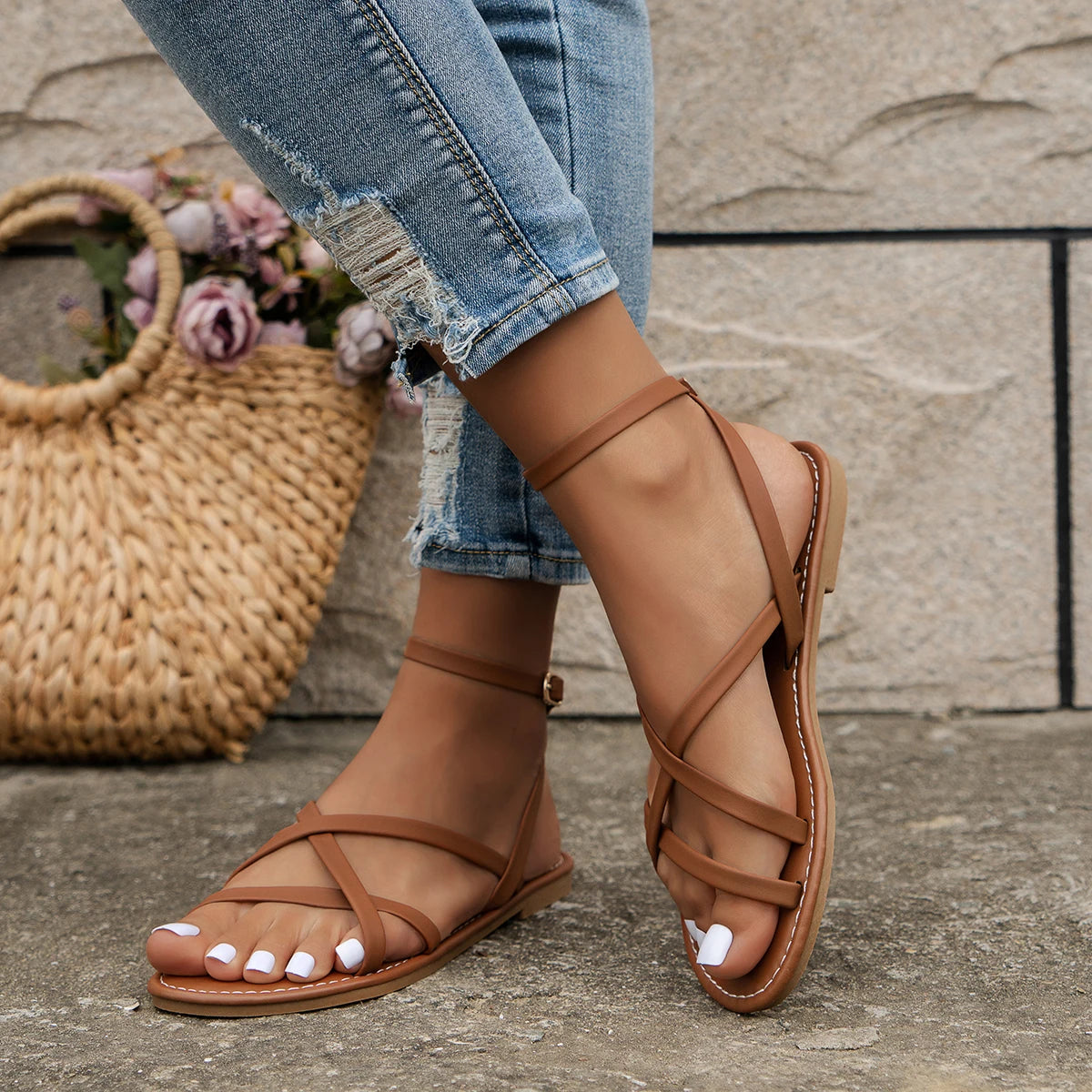 Strappy Flat Sandals with Cross Strap and Buckle Ankle Strap