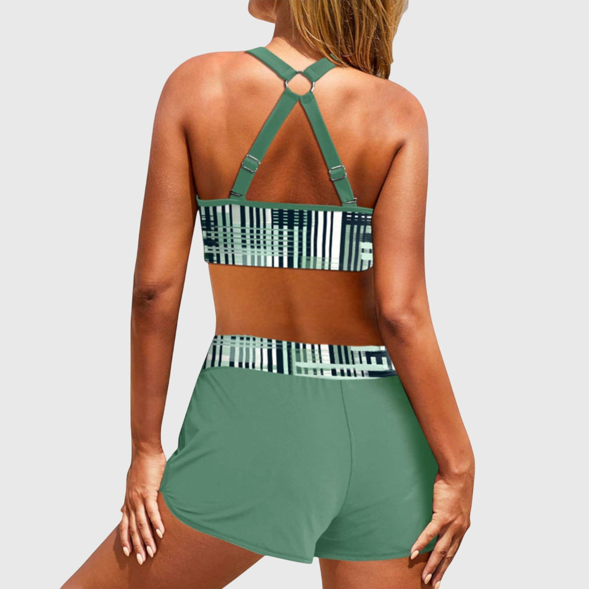 Striped Bikini Set with Crossback Top and Board Shorts
