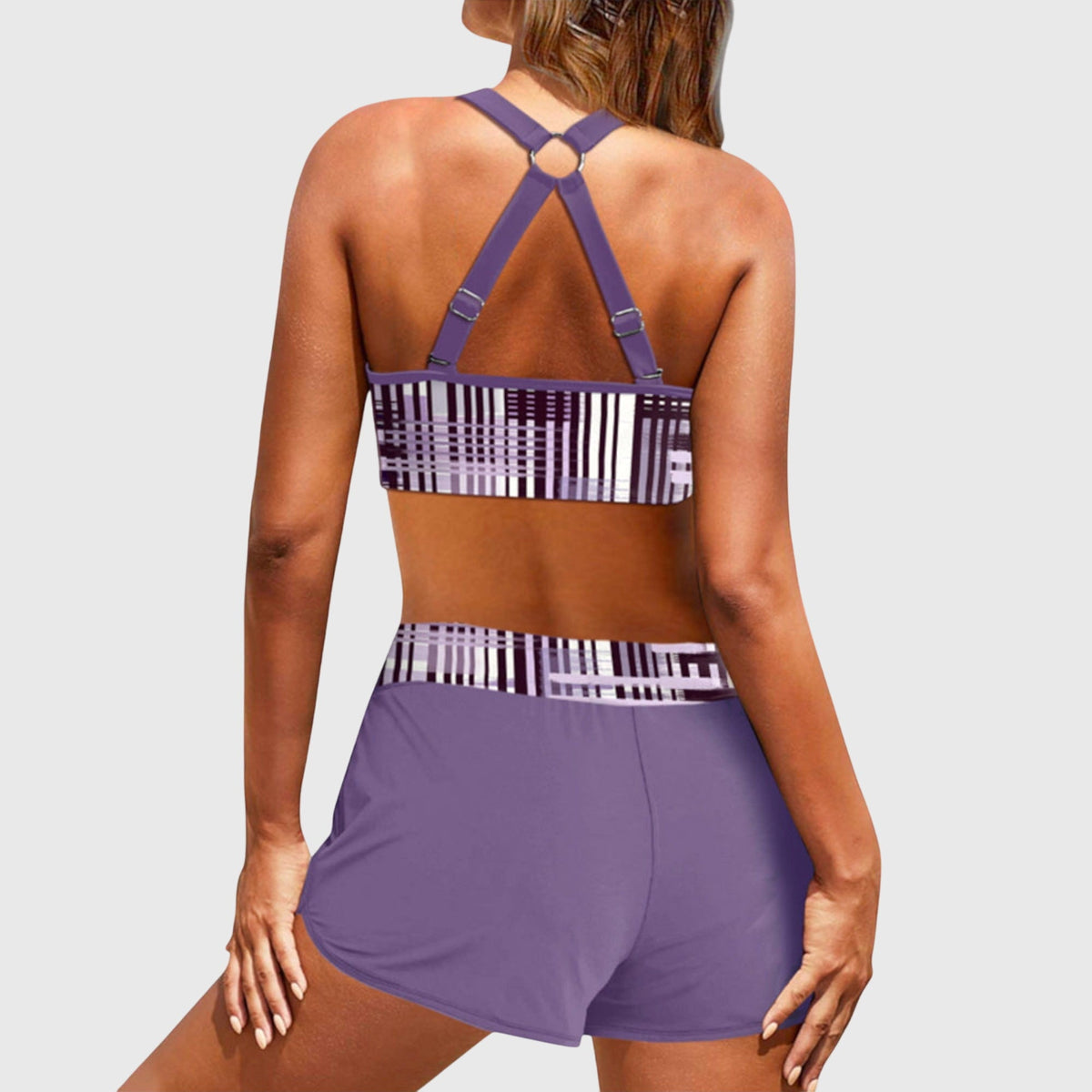 Striped Bikini Set with Crossback Top and Board Shorts