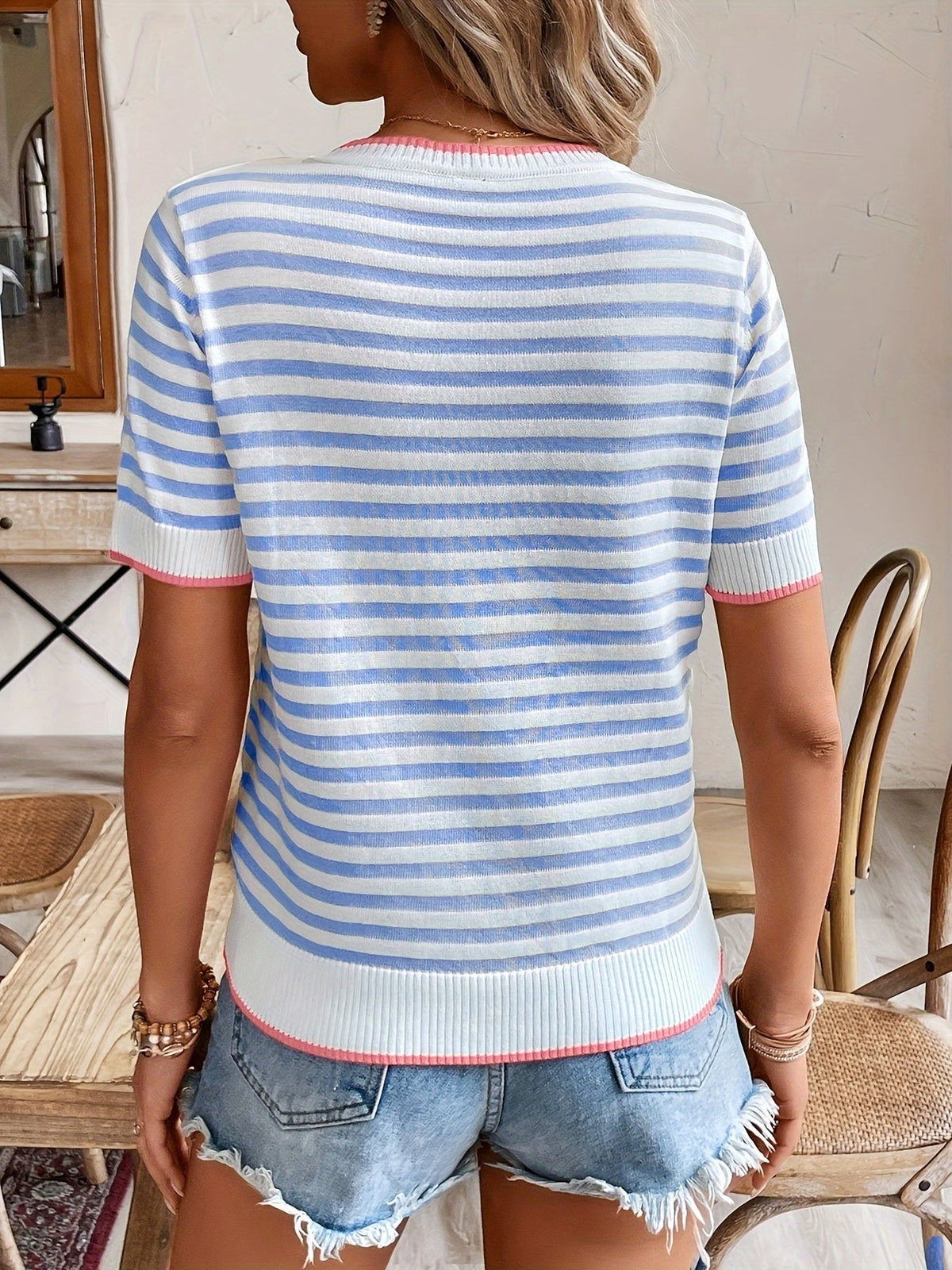 Striped Cropped Knit Top with Contrast Trim and Round Neck