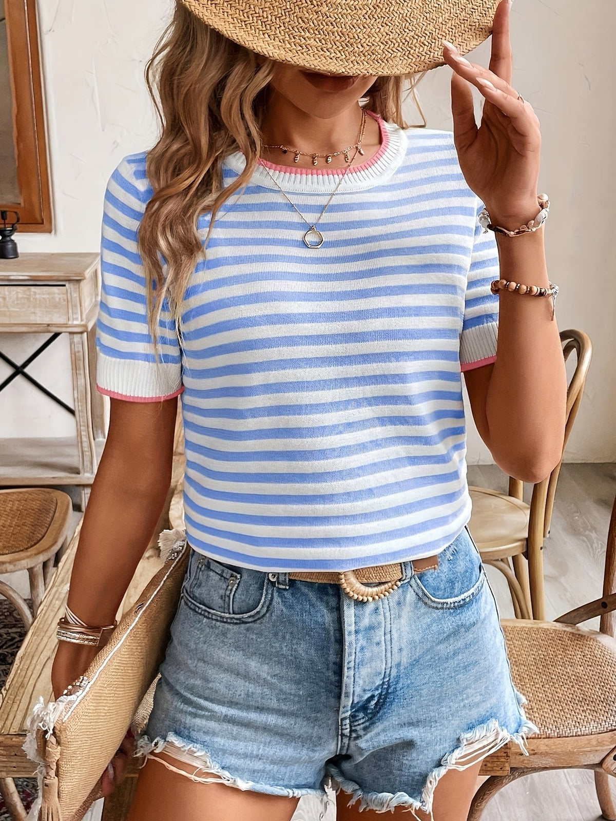 Striped Cropped Knit Top with Contrast Trim and Round Neck