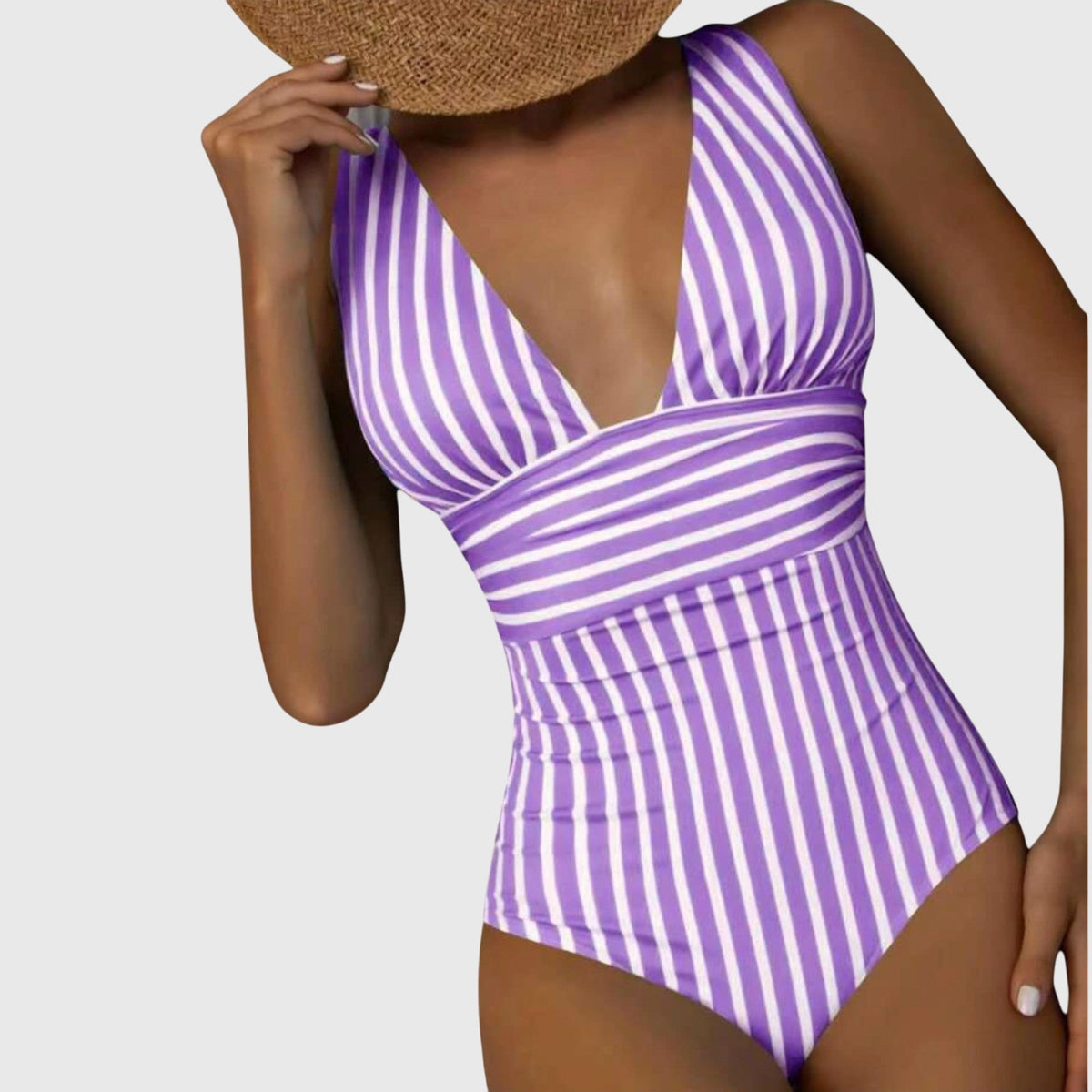 Striped One Piece Swimsuit with Deep V-Neckline and Wrap Waist