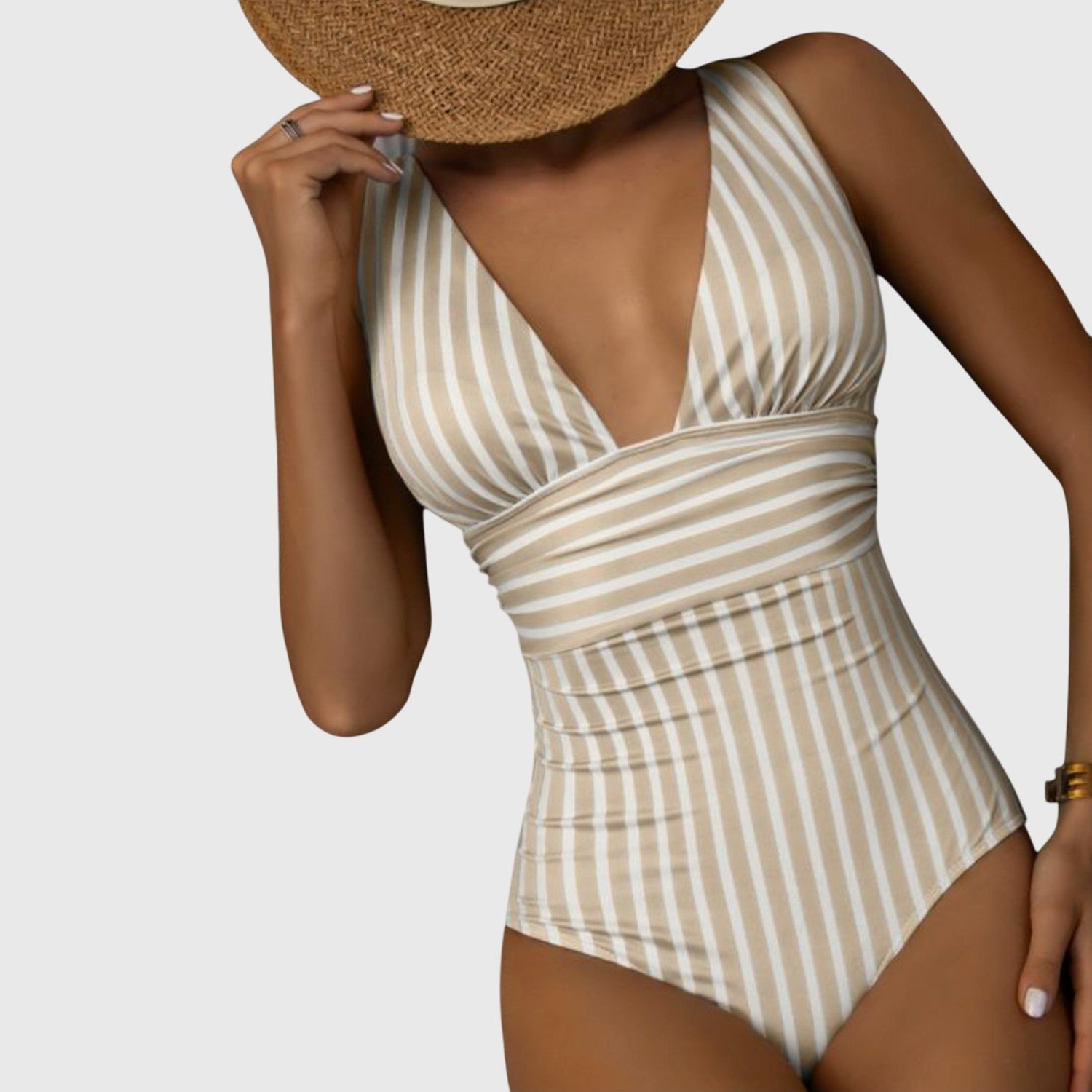 Striped One Piece Swimsuit with Deep V-Neckline and Wrap Waist