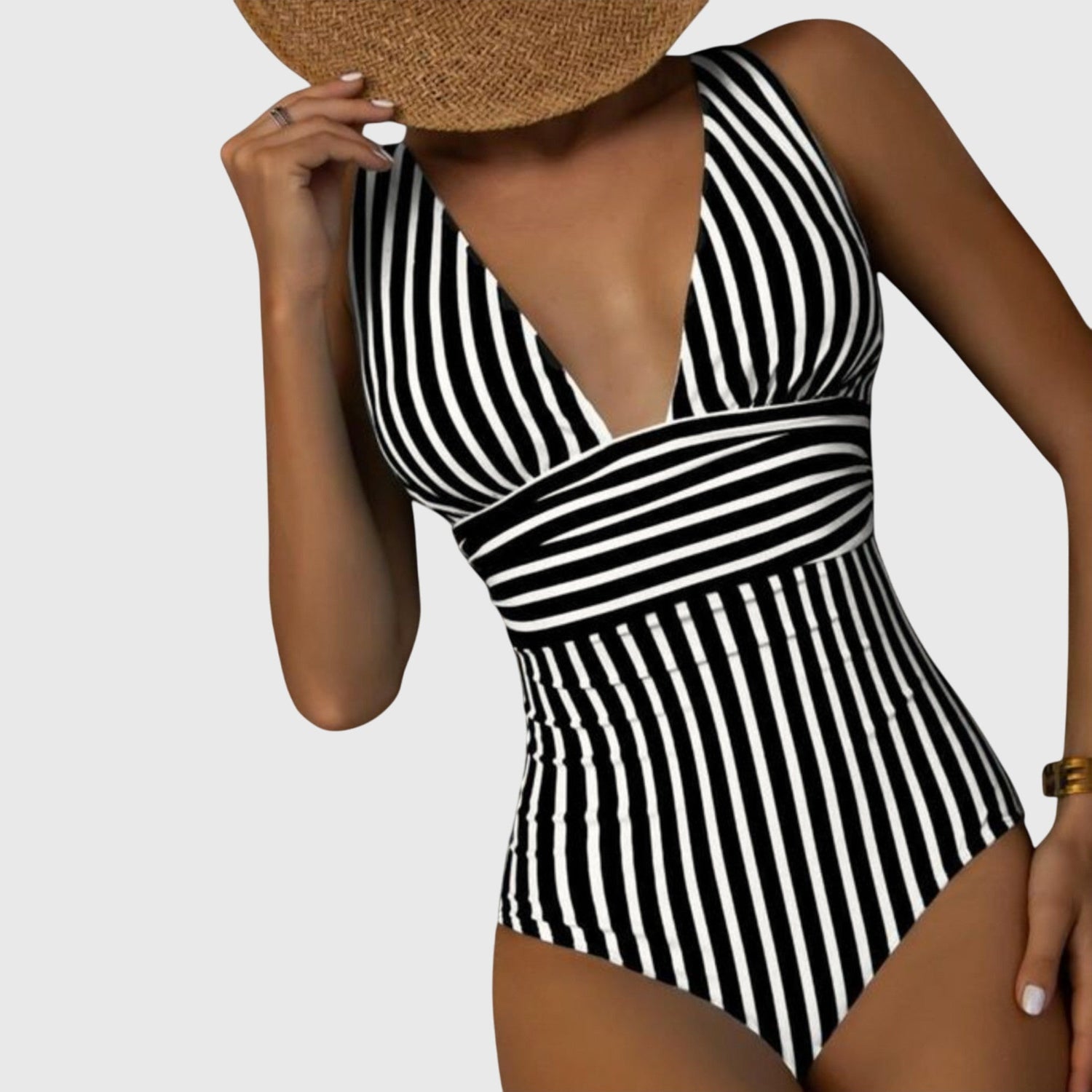 Striped One Piece Swimsuit with Deep V-Neckline and Wrap Waist