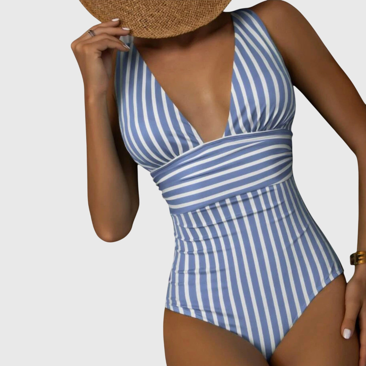Striped One Piece Swimsuit with Deep V-Neckline and Wrap Waist