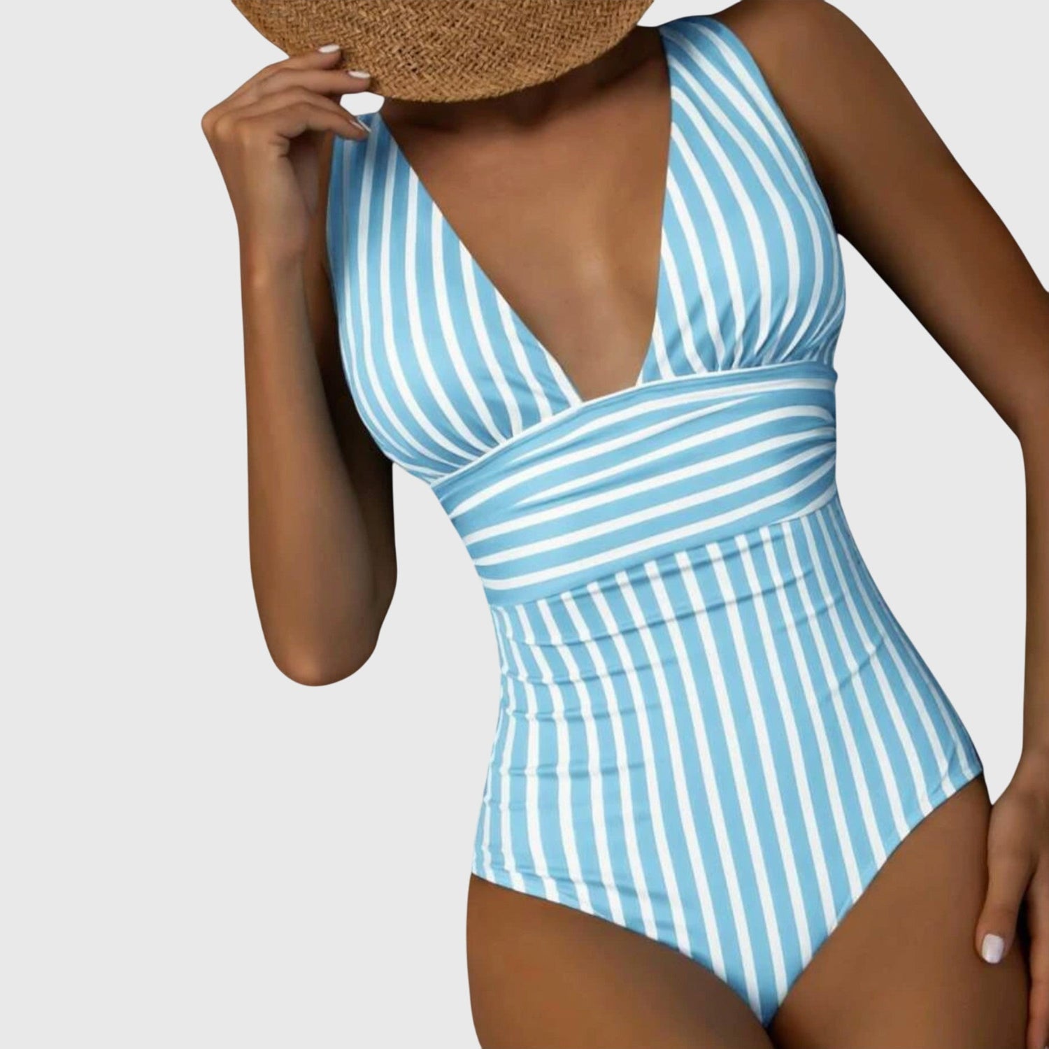 Striped One Piece Swimsuit with Deep V-Neckline and Wrap Waist