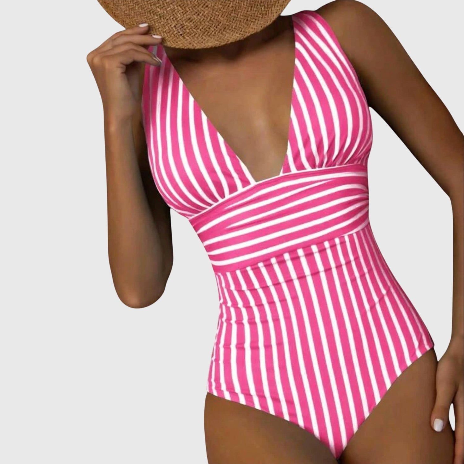 Striped One Piece Swimsuit with Deep V-Neckline and Wrap Waist