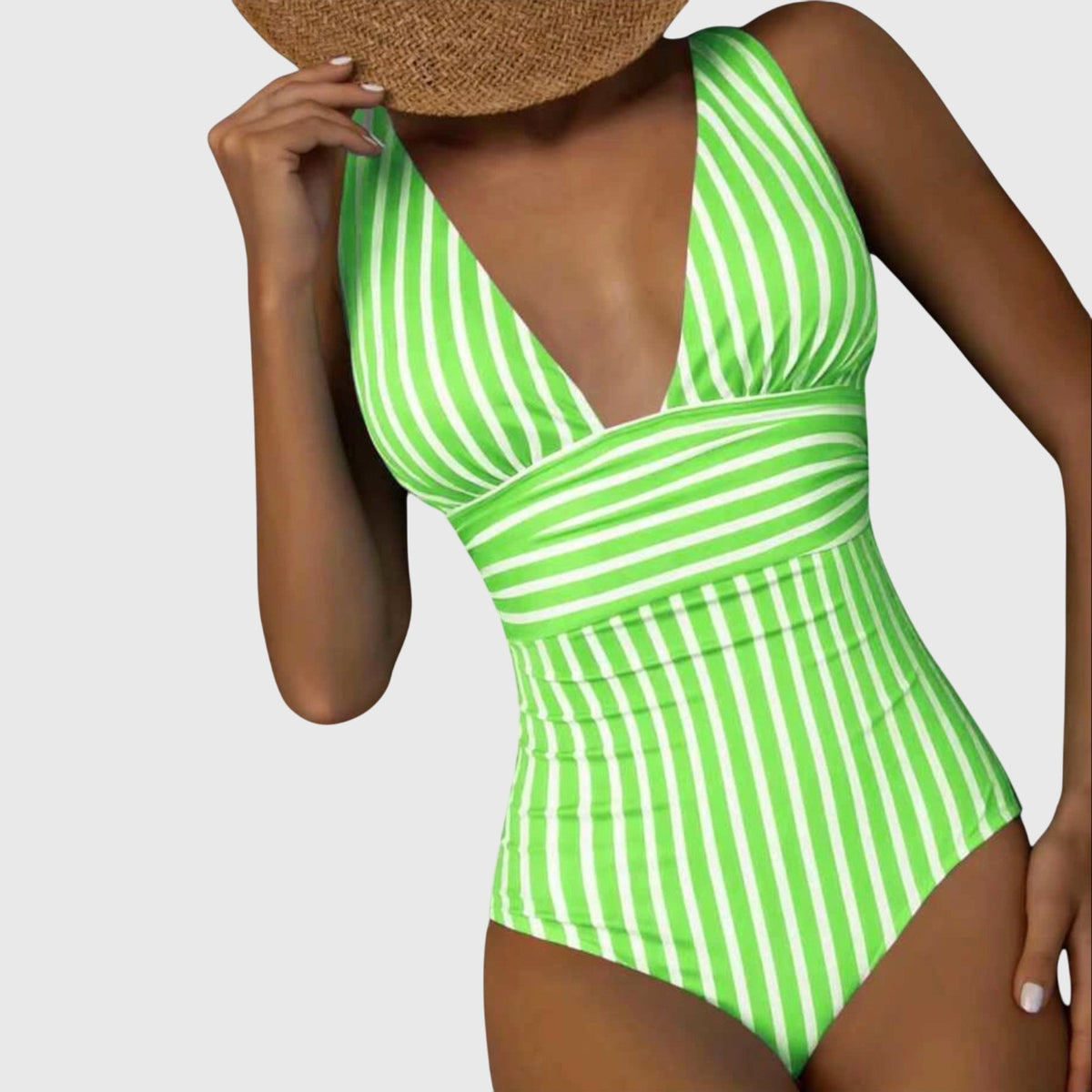 Striped One Piece Swimsuit with Deep V-Neckline and Wrap Waist