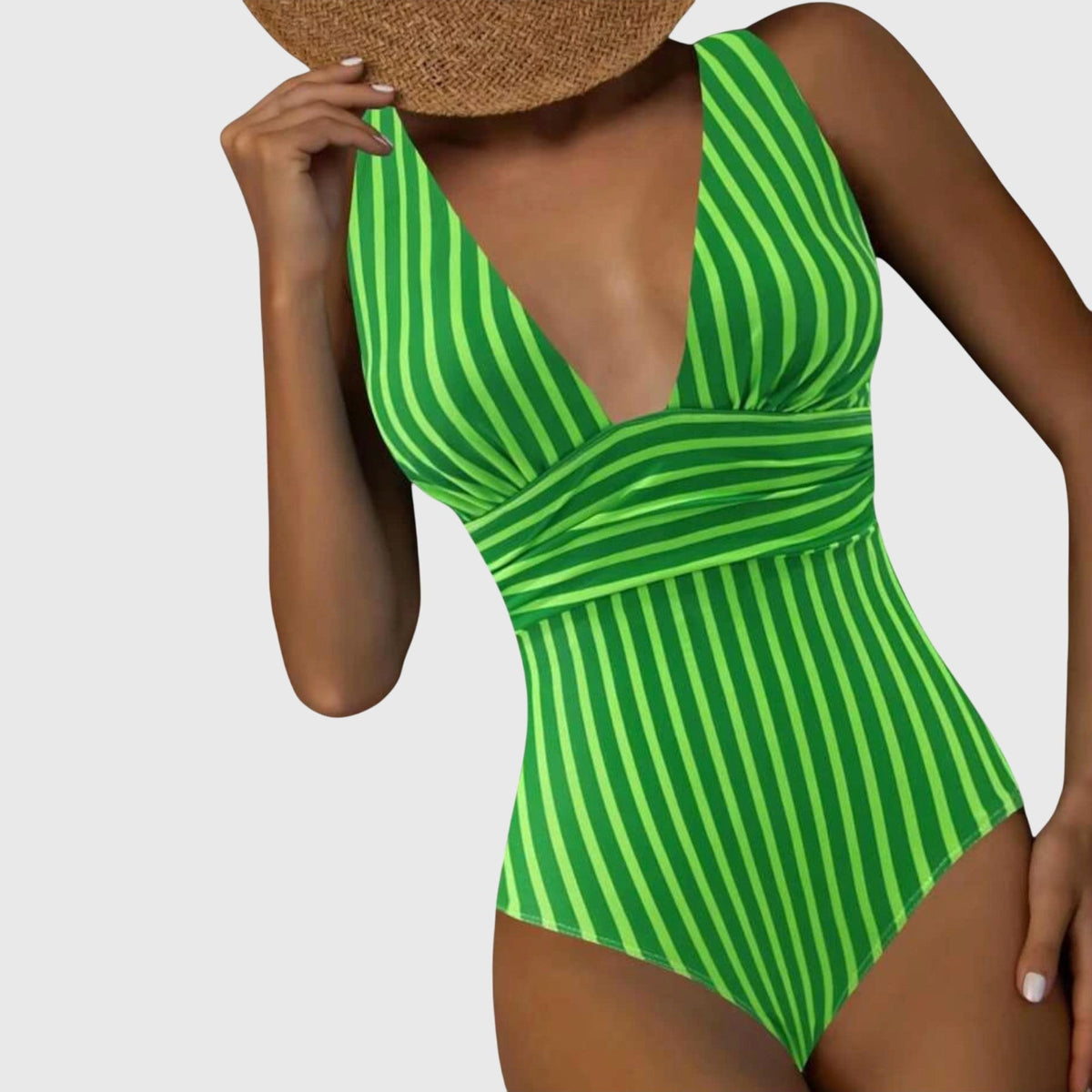 Striped One Piece Swimsuit with Deep V-Neckline and Wrap Waist