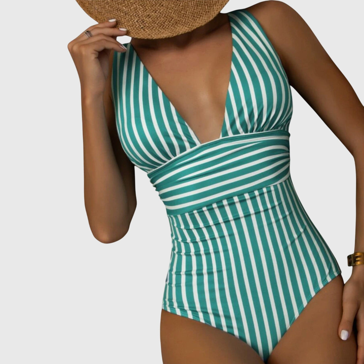 Striped One Piece Swimsuit with Deep V-Neckline and Wrap Waist