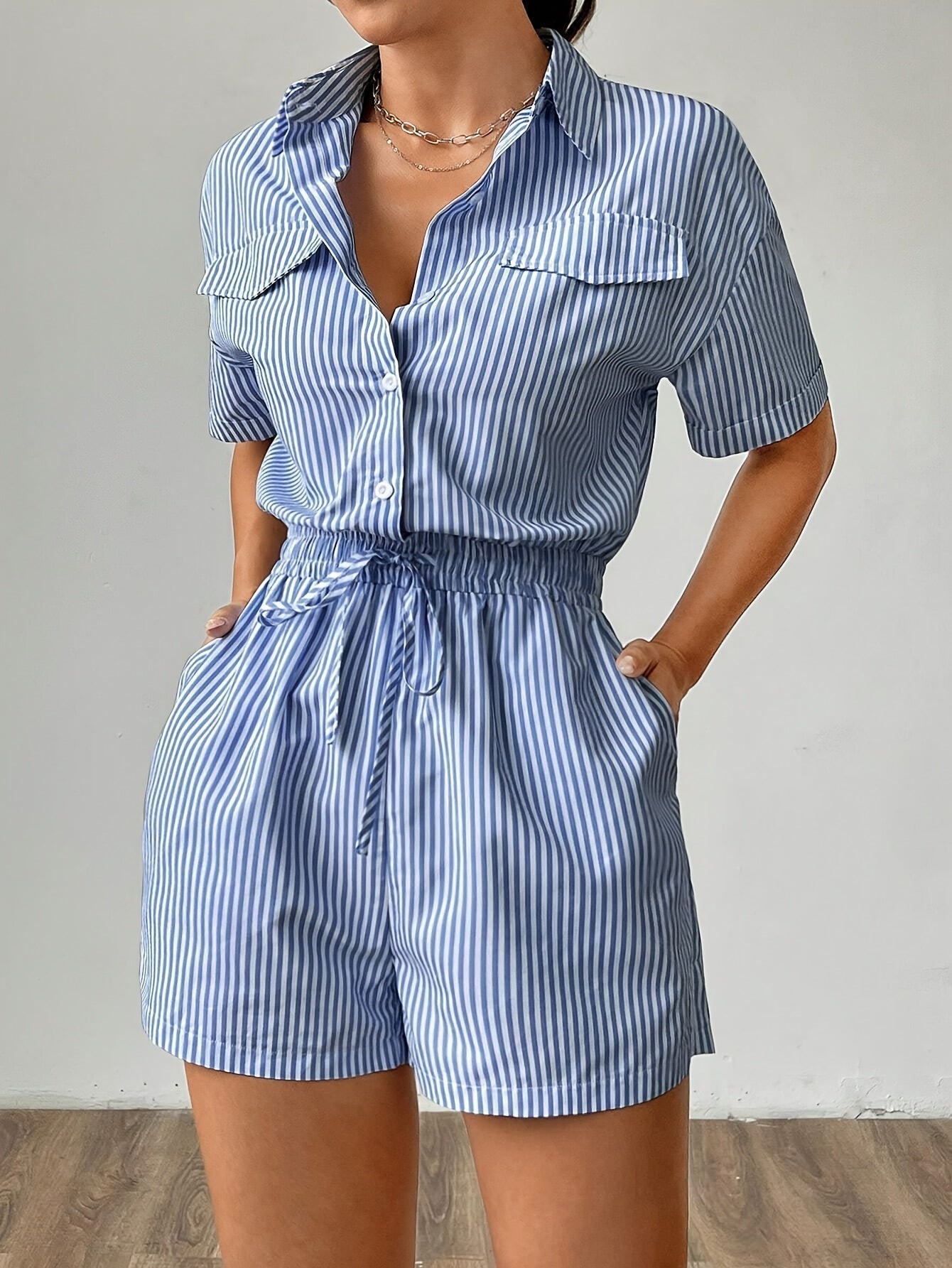 Striped Playsuit with Button-Up Front and Drawstring Waist