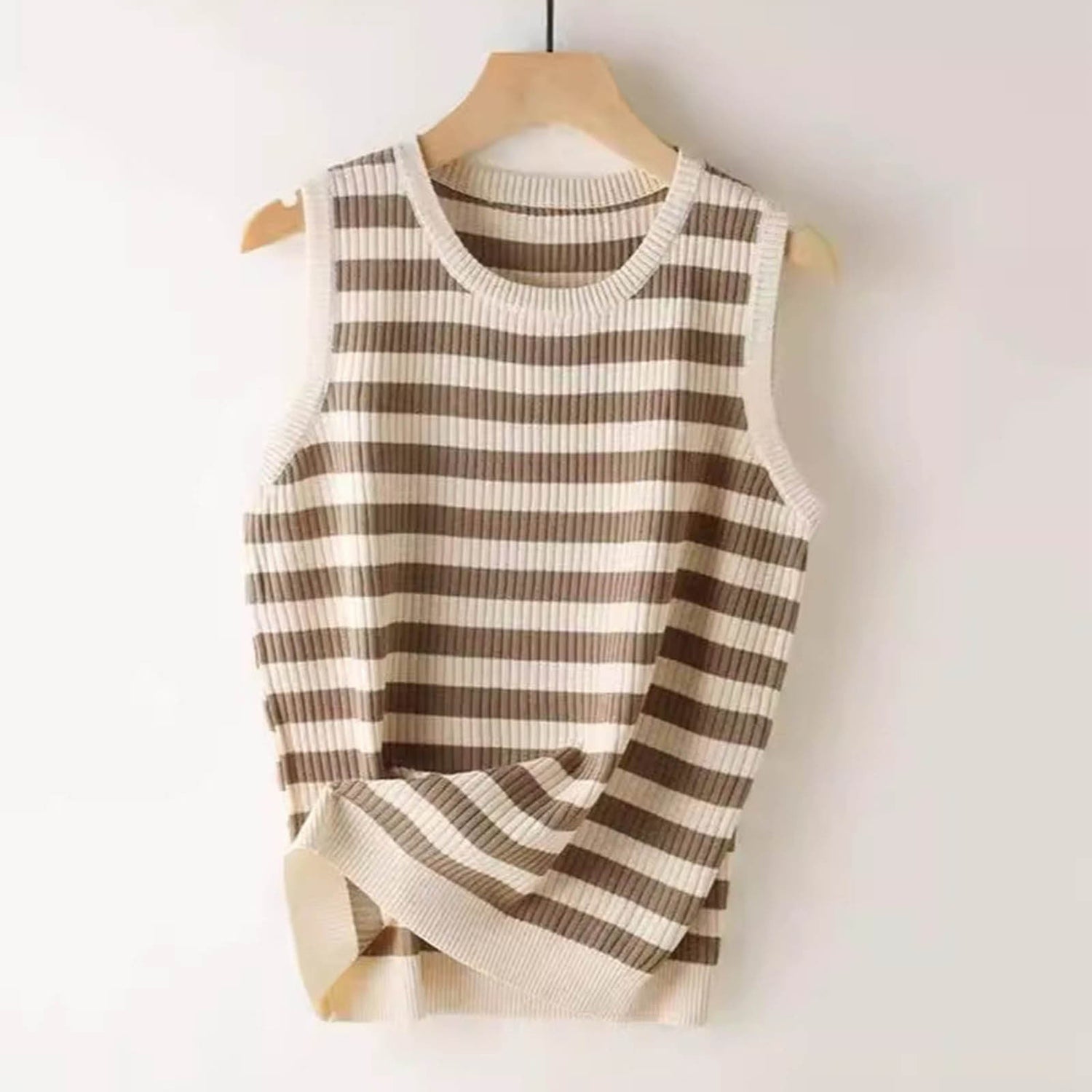 Striped Ribbed Knit Sweater Top with Round Neck