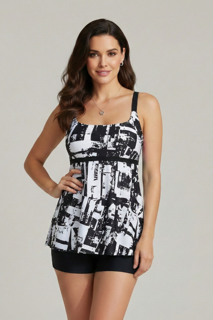 Striped Tankini Top with Square Neck and Empire Waist