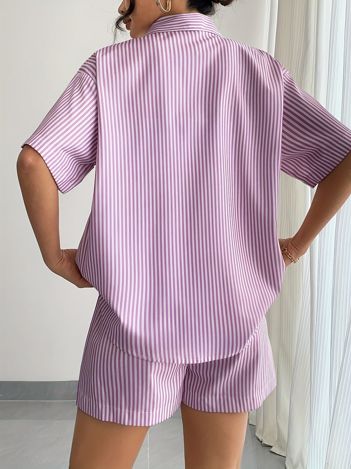 Striped Three Piece Set with Oversized Shirt, Crop Top and Shorts