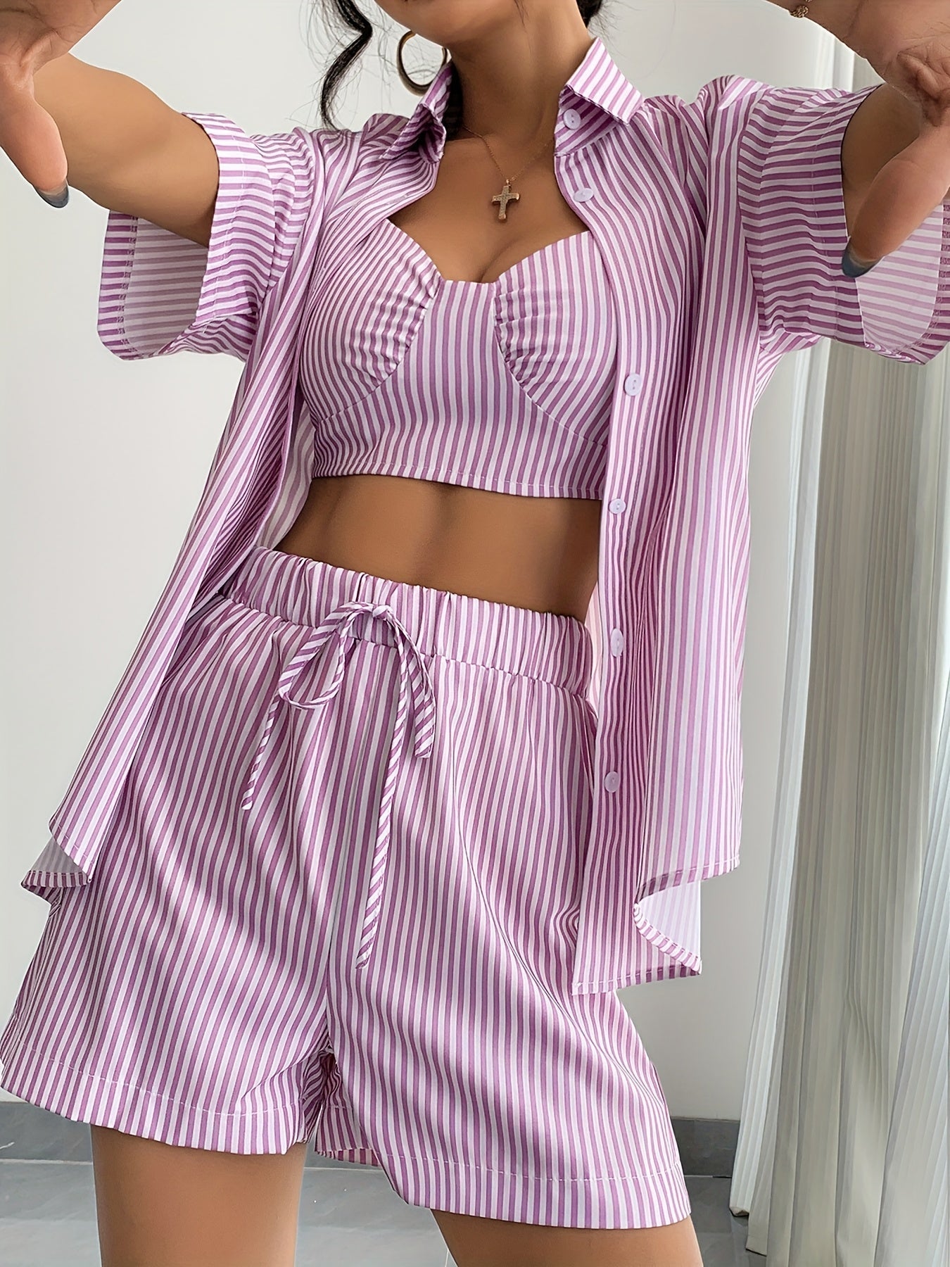 Striped Three Piece Set with Oversized Shirt, Crop Top and Shorts