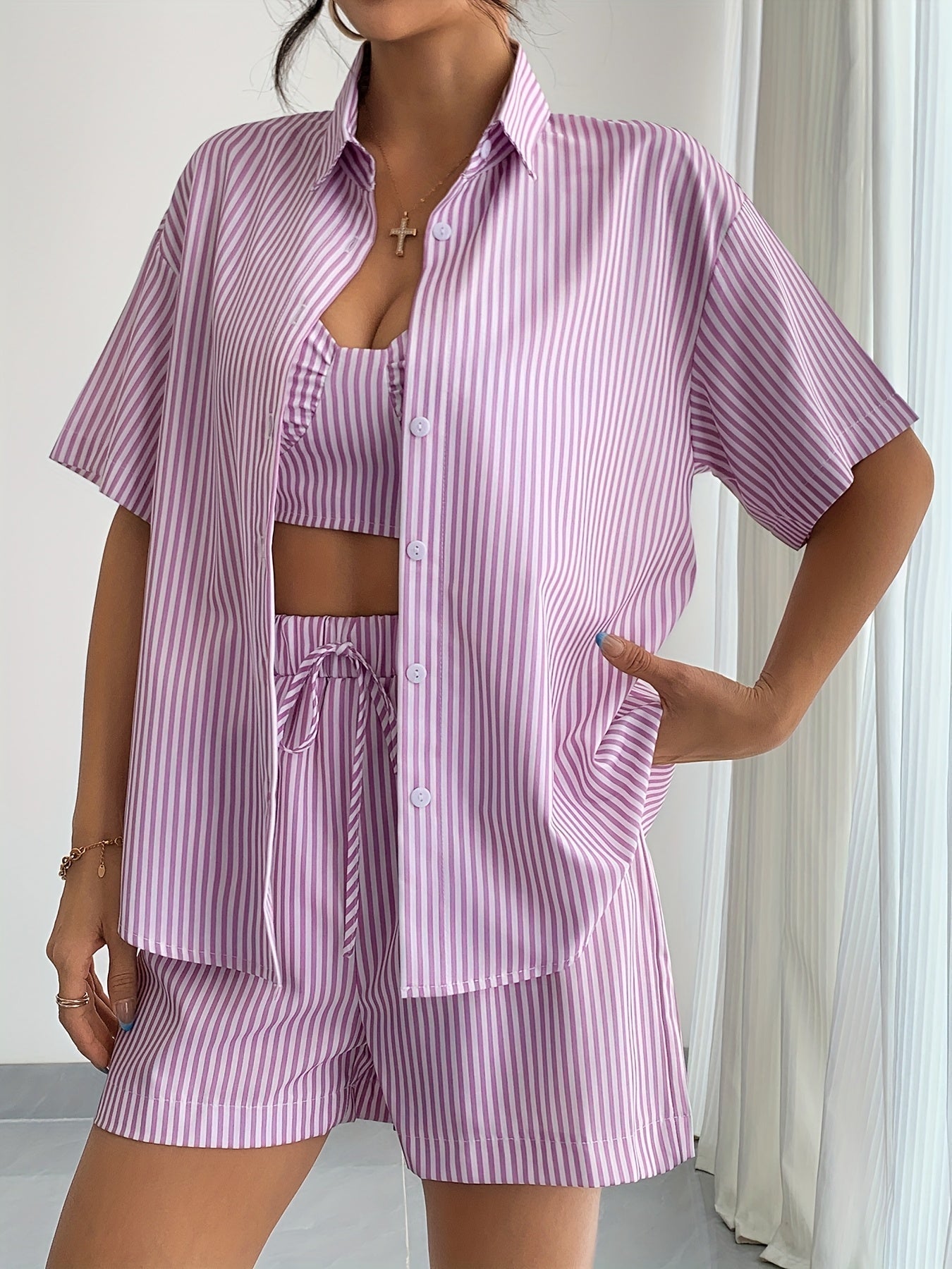Striped Three Piece Set with Oversized Shirt, Crop Top and Shorts