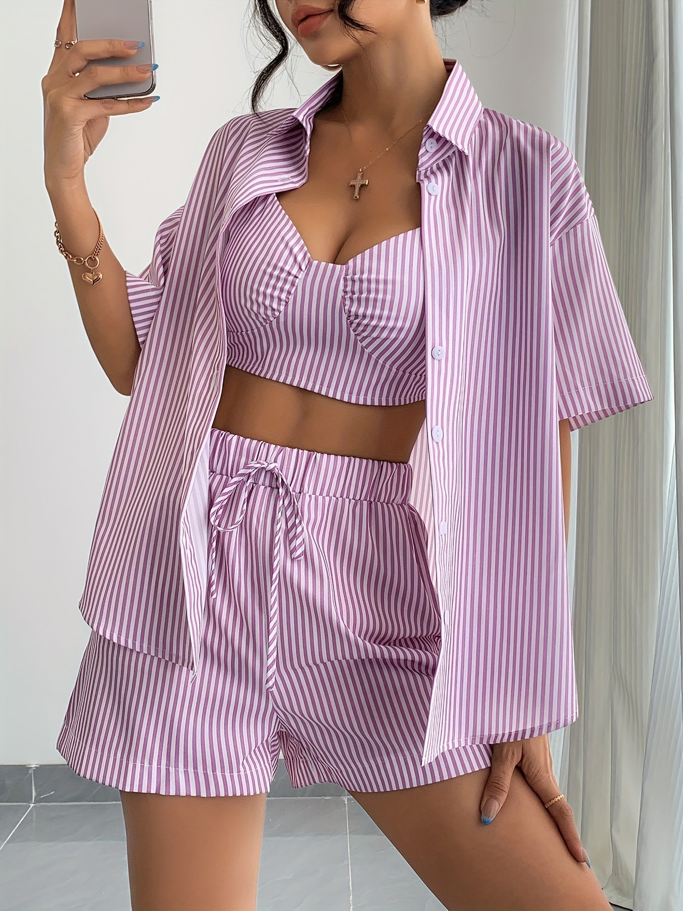Striped Three Piece Set with Oversized Shirt, Crop Top and Shorts