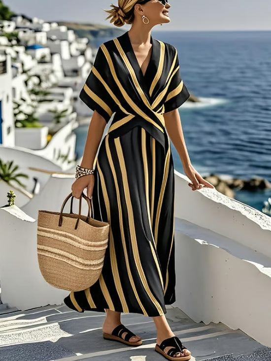 Striped Wrap Front Maxi Dress with V-Neckline and Short Sleeves