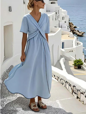 Striped Wrap Front Maxi Dress with V-Neckline and Short Sleeves
