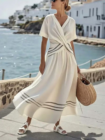 Striped Wrap Front Maxi Dress with V-Neckline and Short Sleeves
