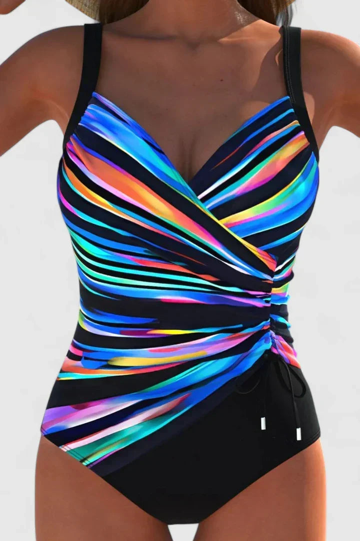 Striped Wrap Front One Piece Swimsuit with Ruched Side Tie
