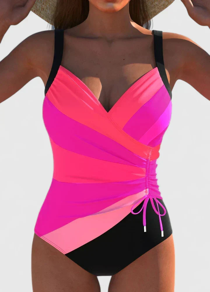 Striped Wrap Front One Piece Swimsuit with Ruched Side Tie