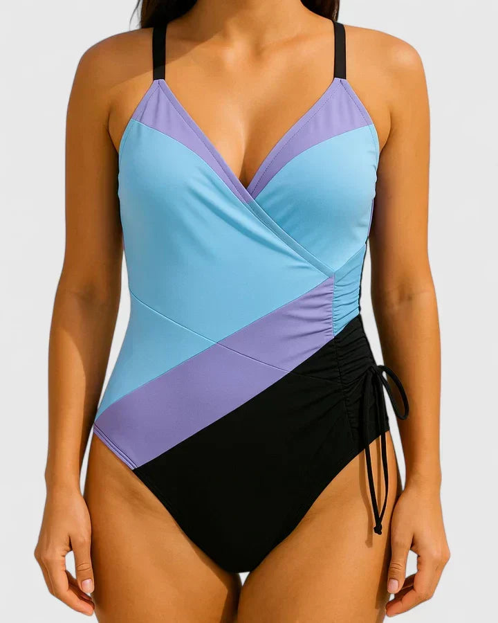 Striped Wrap Front One Piece Swimsuit with Ruched Side Tie
