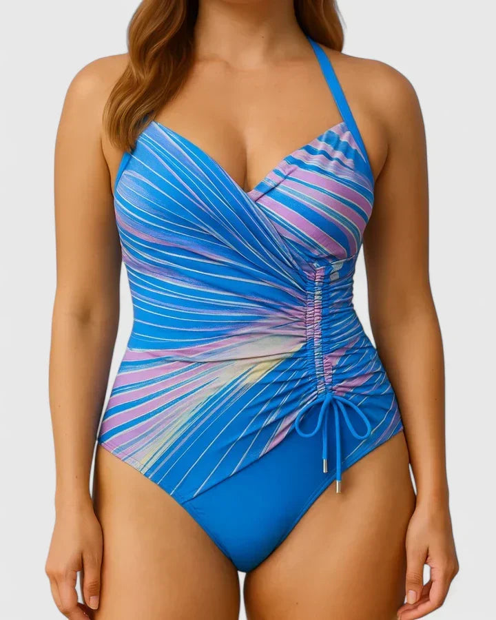 Striped Wrap Front One Piece Swimsuit with Ruched Side Tie