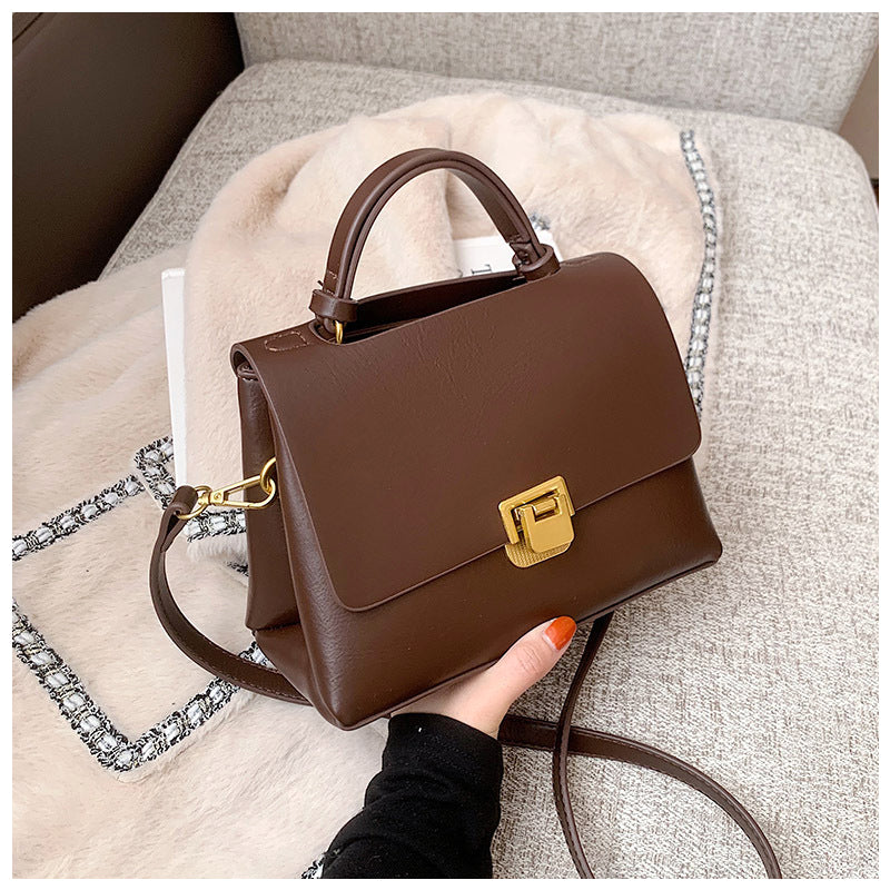 Structured Leather Top Handle Bag with Gold Push-Lock Clasp