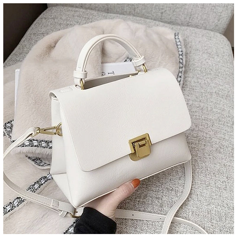 Structured Leather Top Handle Bag with Gold Push-Lock Clasp