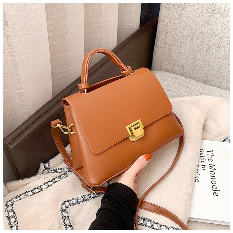 Structured Leather Top Handle Bag with Gold Push-Lock Clasp